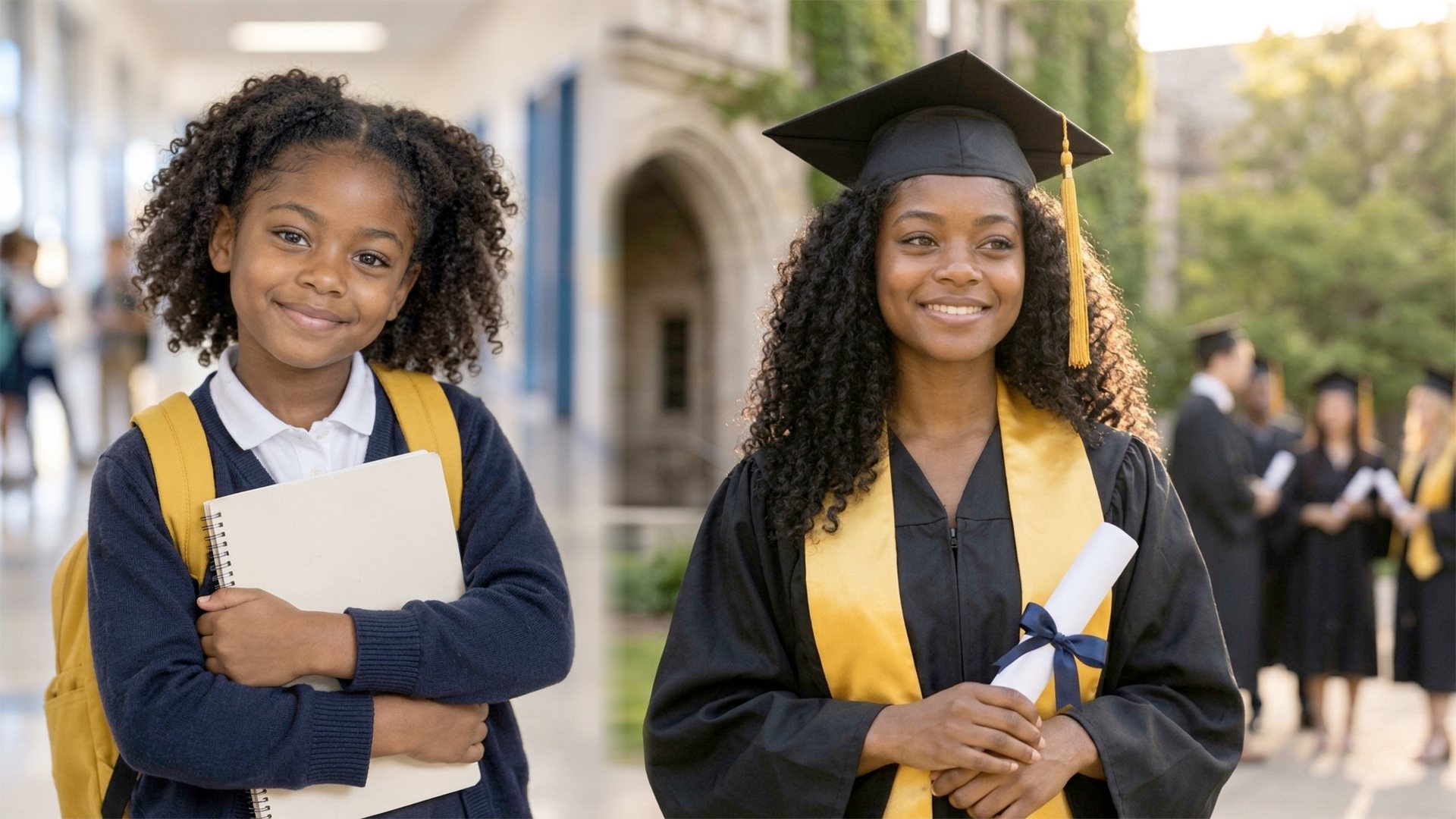 A young student holding a notebook beside a graduate in cap and gown